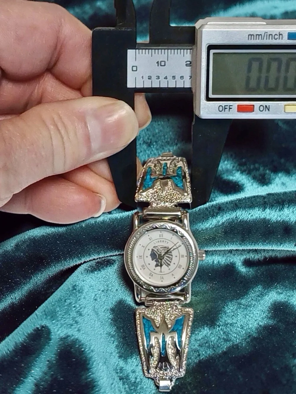 Silver Indian Chief Watch with Sterling Navajo Turquoise Inlay Thunderbird Tips